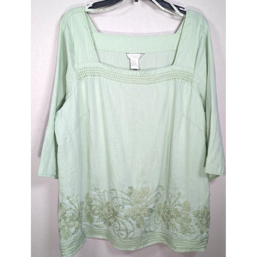 Tweeds 100% Linen Blouse Top Light‎ Green Embroidered 3/4 Sleeve Tunic Plus 2X